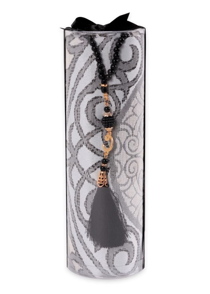 DUHA SERİSİ 2'li SET (Silindir Asetat  Pamuk Seccade+ İnci Tespih 24.5X8 ) SİYAH