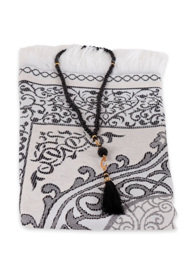 DUHA SERİSİ 2'li SET (Silindir Asetat  Pamuk Seccade+ İnci Tespih 24.5X8 ) SİYAH