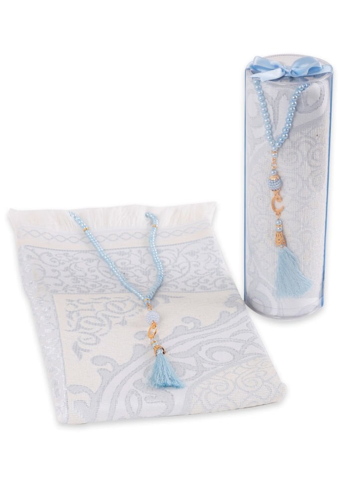DUHA SERİSİ 2'li SET (Silindir Asetat  Pamuk Seccade+ İnci Tespih 24.5X8 ) BEBE MAVİ