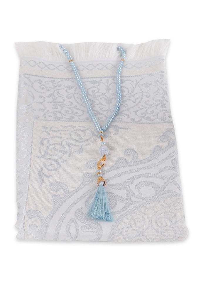 DUHA SERİSİ 2'li SET (Silindir Asetat  Pamuk Seccade+ İnci Tespih 24.5X8 ) BEBE MAVİ