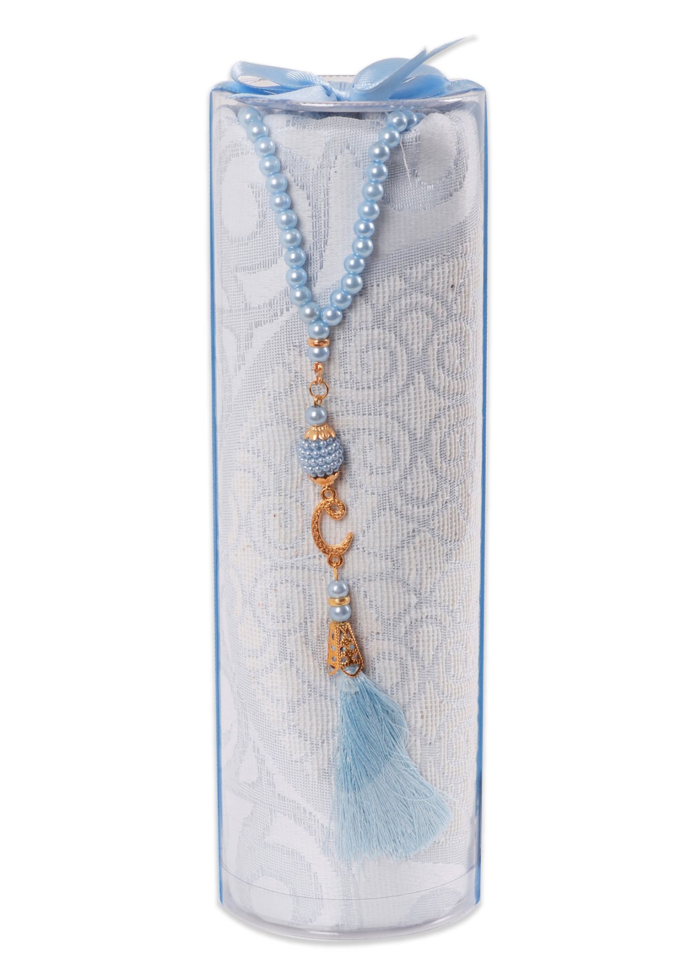 DUHA SERİSİ 2'li SET (Silindir Asetat  Pamuk Seccade+ İnci Tespih 24.5X8 ) BEBE MAVİ