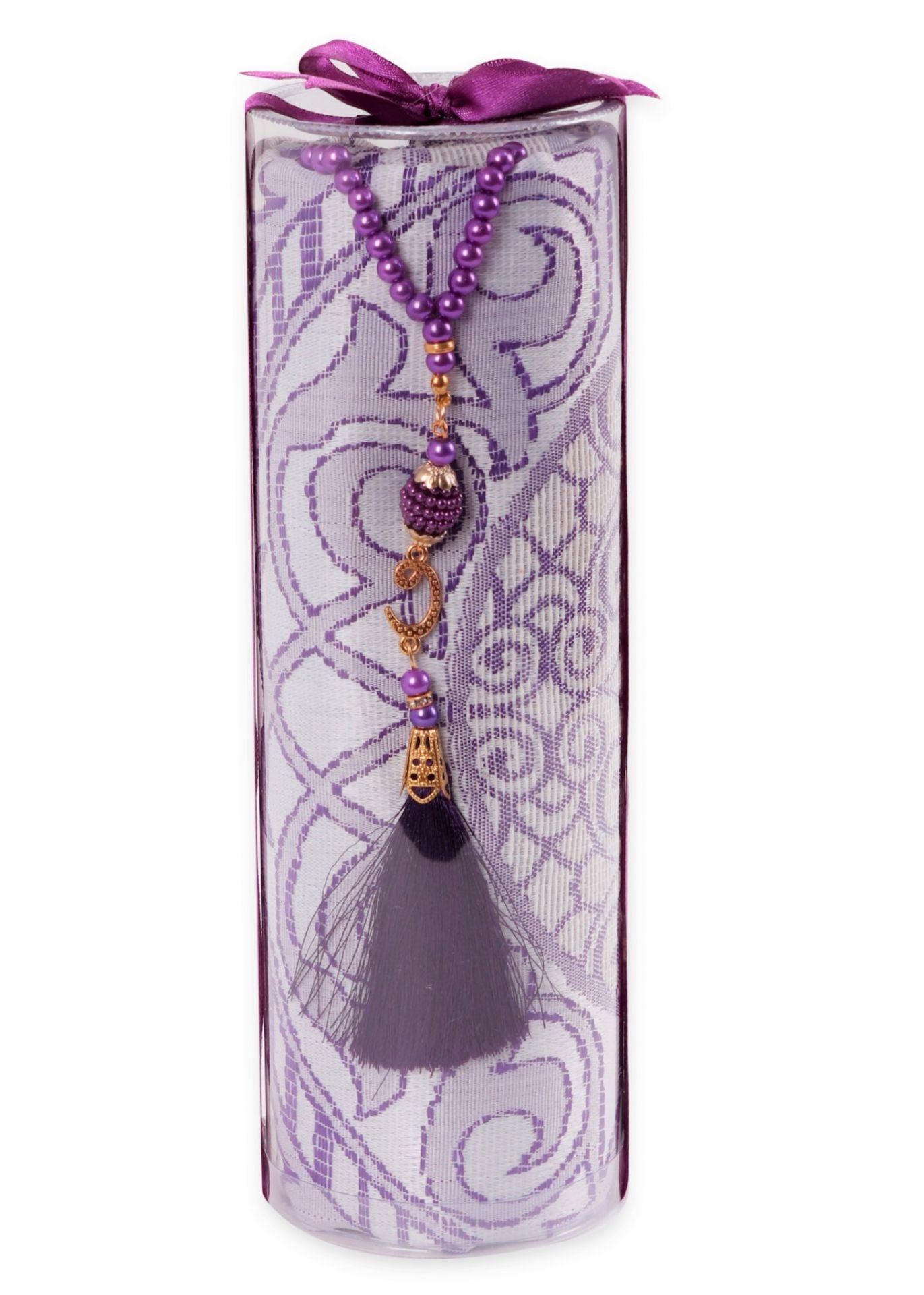 DUHA SERİSİ 2'li SET (Silindir Asetat  Pamuk Seccade+ İnci Tespih 24.5X8 ) MÜRDÜM