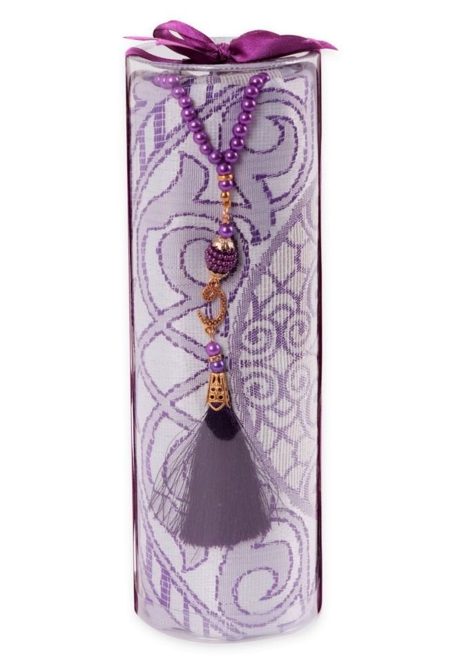 DUHA SERİSİ 2'li SET (Silindir Asetat  Pamuk Seccade+ İnci Tespih 24.5X8 ) MÜRDÜM