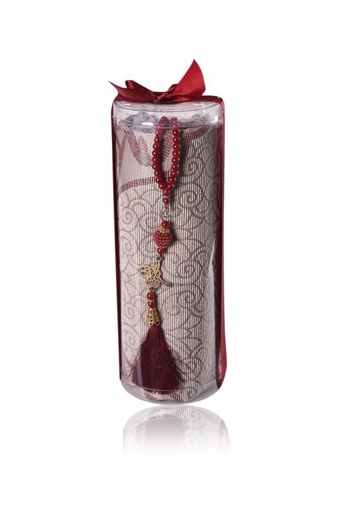 DUHA SERİSİ 2'li SET (Silindir Asetat  Pamuk Seccade+ İnci Tespih 24.5X8 ) BORDO
