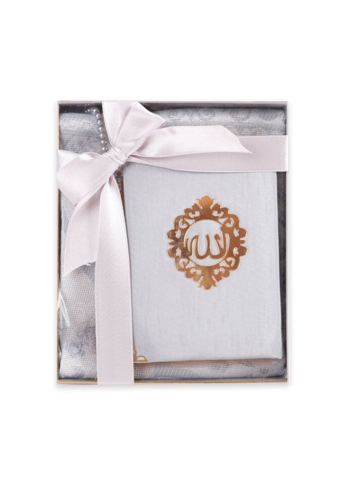 AMİNE SERİSİ KUTULU (Pamuk Seccade+İnci Tespih+Şantuk Kaplama Kuran) NO:1 GRİ